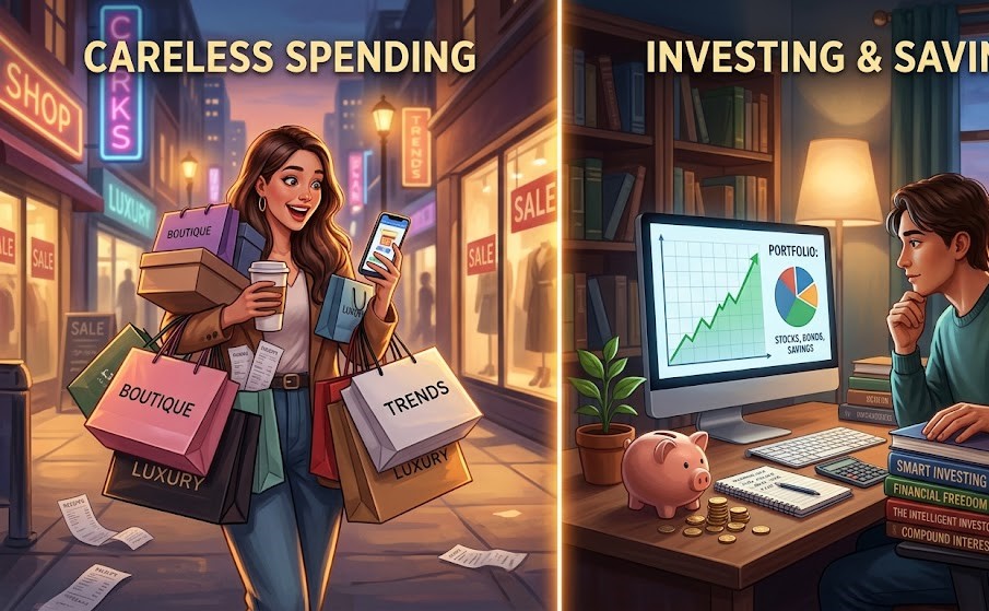 Comparing poor money habits with a success mindset for building long-term wealth.