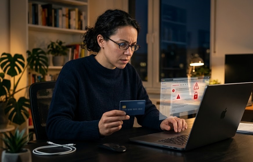 A person reviewing a suspicious email on a laptop while holding a credit card to avoid online financial scams.