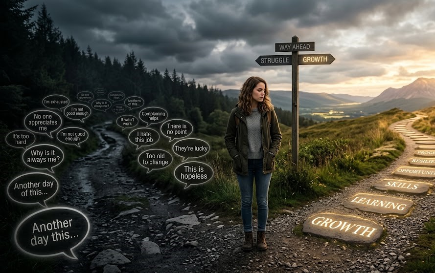 A thoughtful young adult standing at a crossroads, one path dark and filled with speech bubbles representing complaints, the other bright with stepping stones labeled "Growth," "Learning," "Skills," and "Opportunity." Cinematic lighting, realistic style, motivational atmosphere, high resolution, no text.