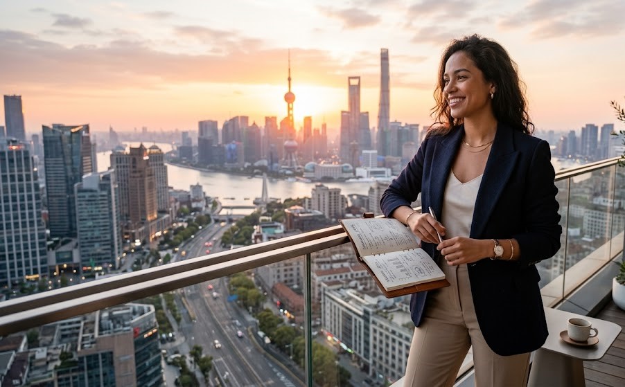 A successful young professional overlooking a city skyline at sunrise, representing financial freedom and smart money management.