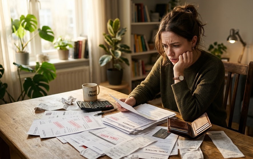 A worried young adult sitting at a desk covered with bills, receipts, and a calculator while struggling to manage personal finances.