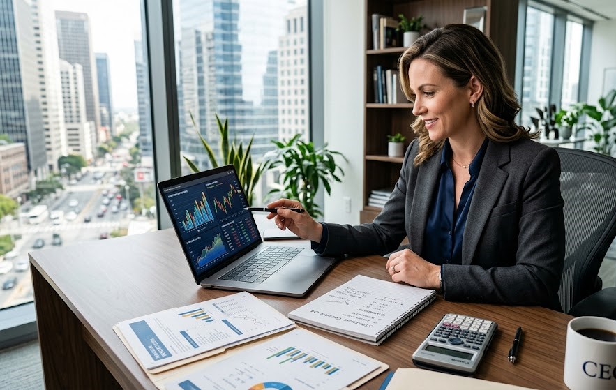 A confident professional reviewing financial charts and investment plans at a modern office desk.