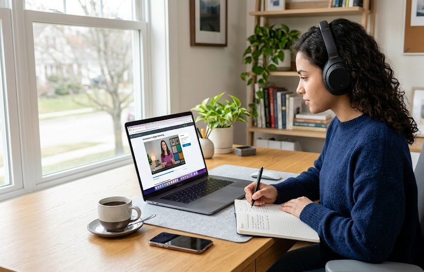 A modern workspace with a laptop displaying an online course, notebooks, headphones, coffee, and a focused learner taking notes.