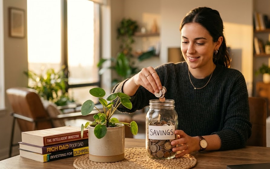 A person placing coins into a savings jar beside a small plant, symbolizing long-term wealth building and financial growth.