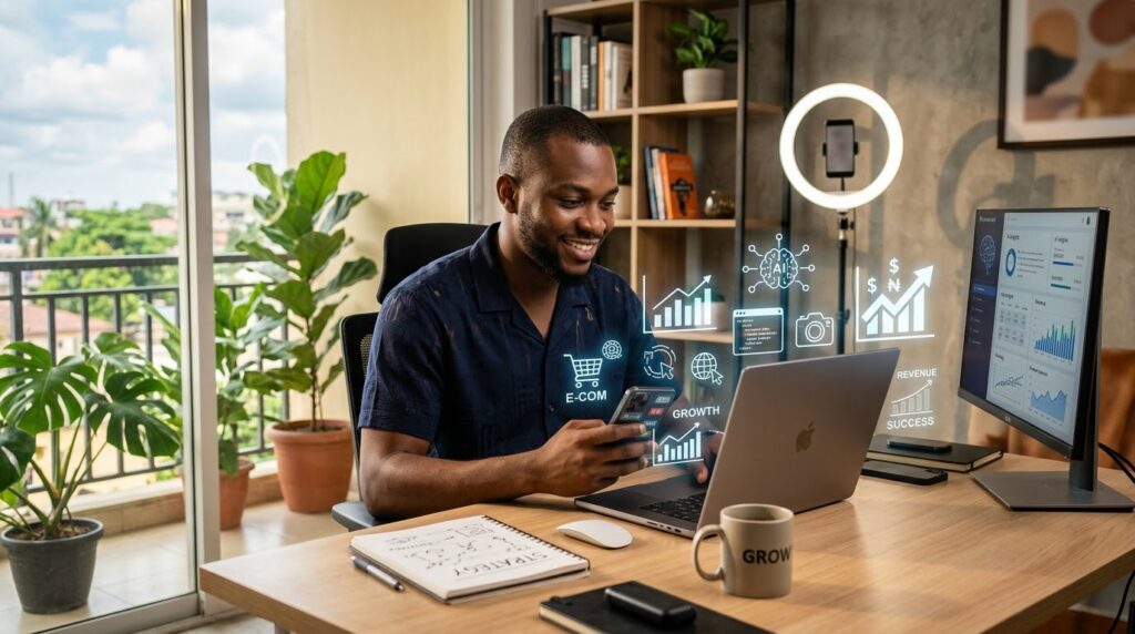 Young entrepreneur using technology to build an online income