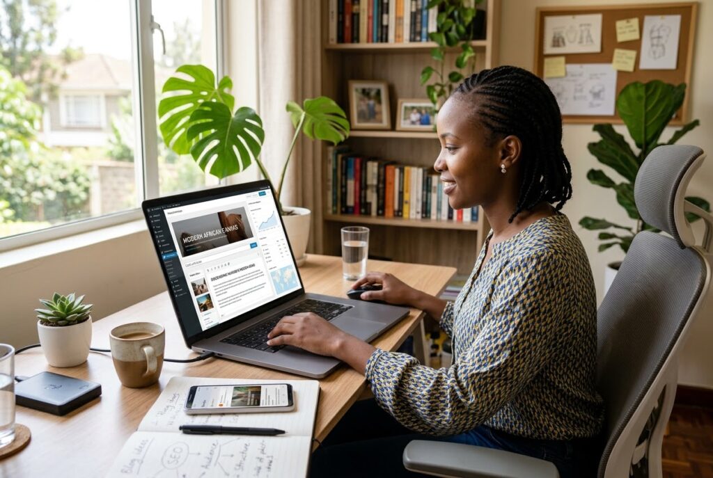 Blogger creating and managing a website from home
