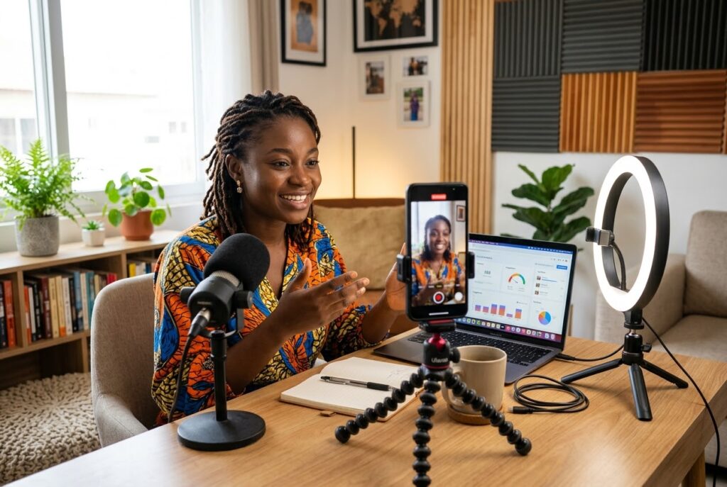 Content creator using a smartphone to make social media videos