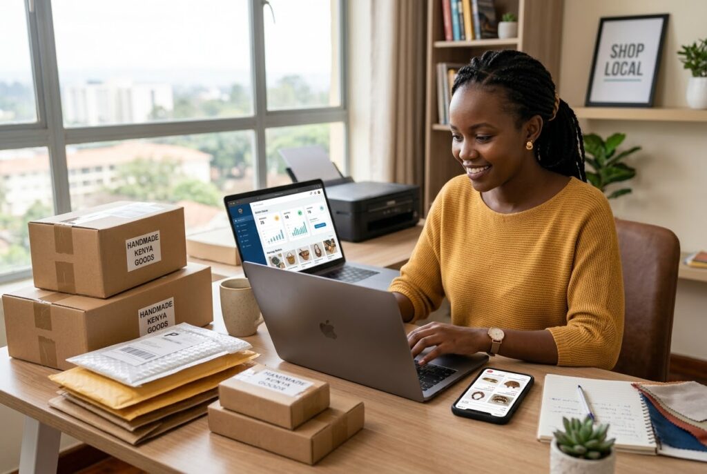 Entrepreneur running an online business from a laptop to make money online 